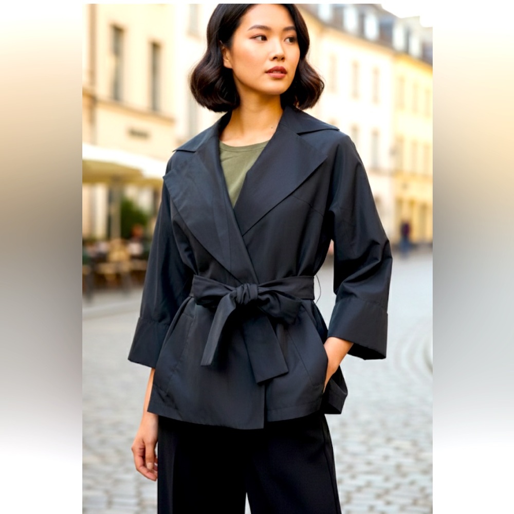 Spanner Black Cropped Belted Trench Coat Jacket Three Quarter Sleeves NWOT Sz 4